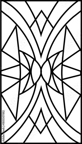 Curved forms interlock through mirrored linework producing a unified symmetrical panel.