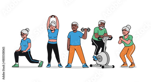 Active elderly group exercising in various fitness activities  