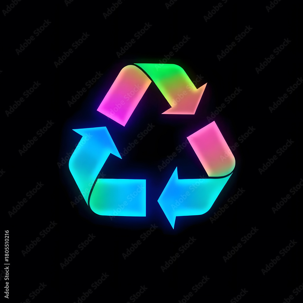 Fototapeta premium 3D recycling symbol glowing neon rainbow multicolor gradient black background environment conservation waste management