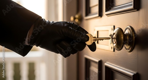 Mystery at the door, black glove inserts key into classic door lock