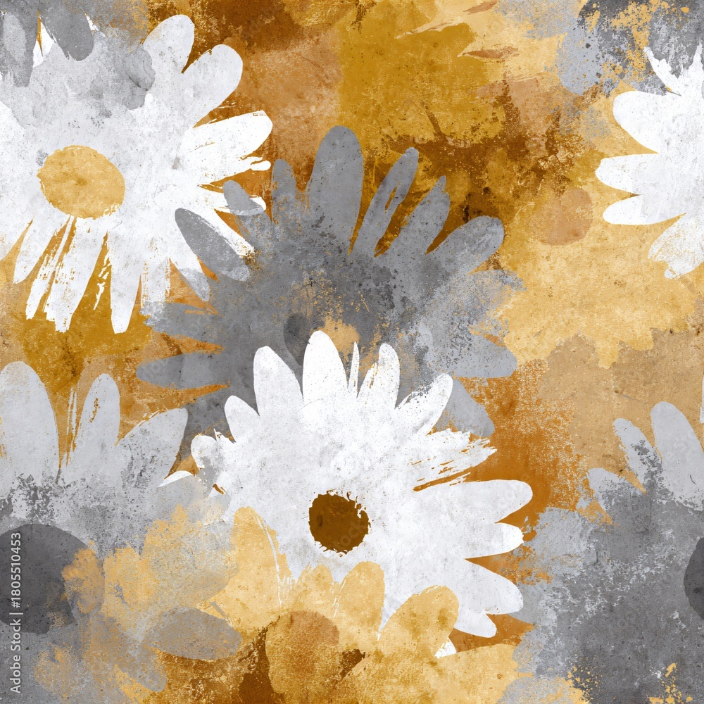 Naklejka premium Seamless pattern with abstract daisy flowers in white, gray, and yellow on a textured background for textile or wallpaper design.