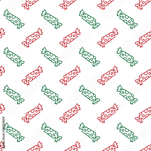 Seamless pattern with red and green candies in linear style on white background. Vector sweet Christmas background.