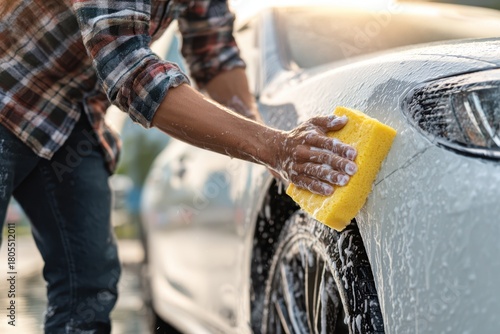 Happy Man Washing Car with Sponge Outdoors – Car Cleaning Service, Auto Care Lifestyle