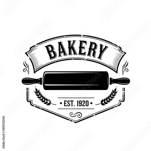 Vintage Bakery Emblem with Rolling Pin and Wheat.