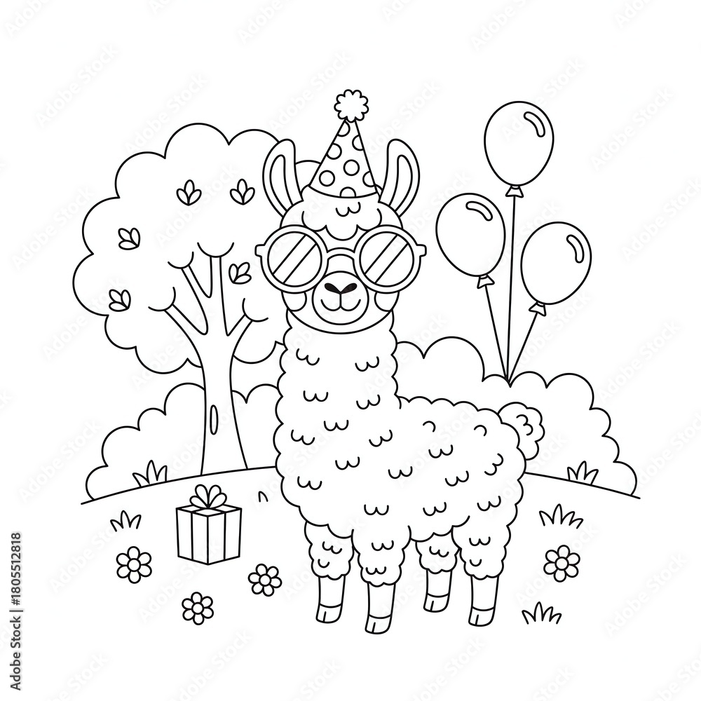 Obraz premium A line drawing of a llama wearing a party hat and sunglasses with balloons and a gift