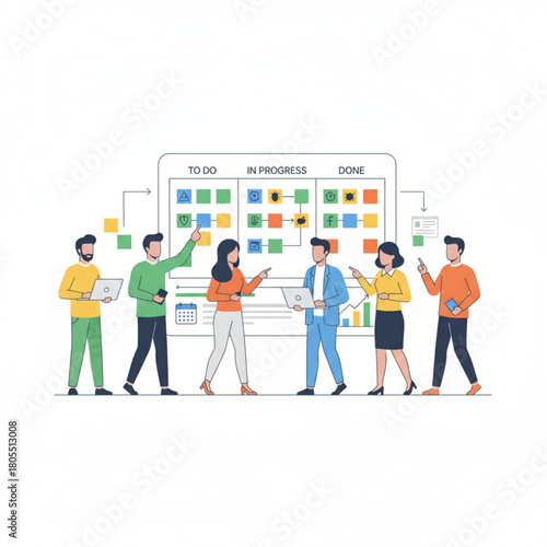 Team of professionals organizing tasks on a large colorful Kanban board vector.