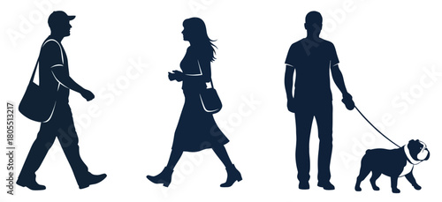 Walking People Silhouettes Man Woman Dog Urban Lifestyle Graphic