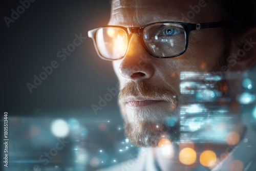 Genomic horizons: the fusion of science and technology in modern medicine. Business intelligence. A dive into advanced science: vivid depiction of genomic research and technology. Neon displays.