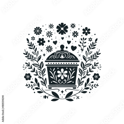 Memorial Urn and Keepsake Box Silhouette Set. Floral cremation container and memento mori illustration collection isolated on white.