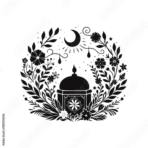 Memorial Urn and Keepsake Box Silhouette Set. Floral cremation container and memento mori illustration collection isolated on white.