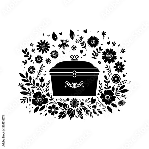Memorial Urn and Keepsake Box Silhouette Set. Floral cremation container and memento mori illustration collection isolated on white.