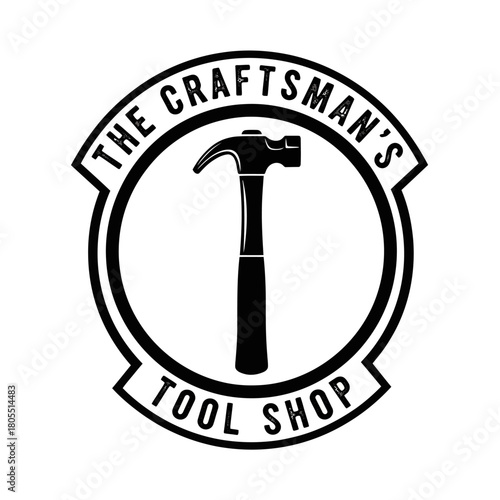Vintage craftsman tool shop logo with hammer silhouette.