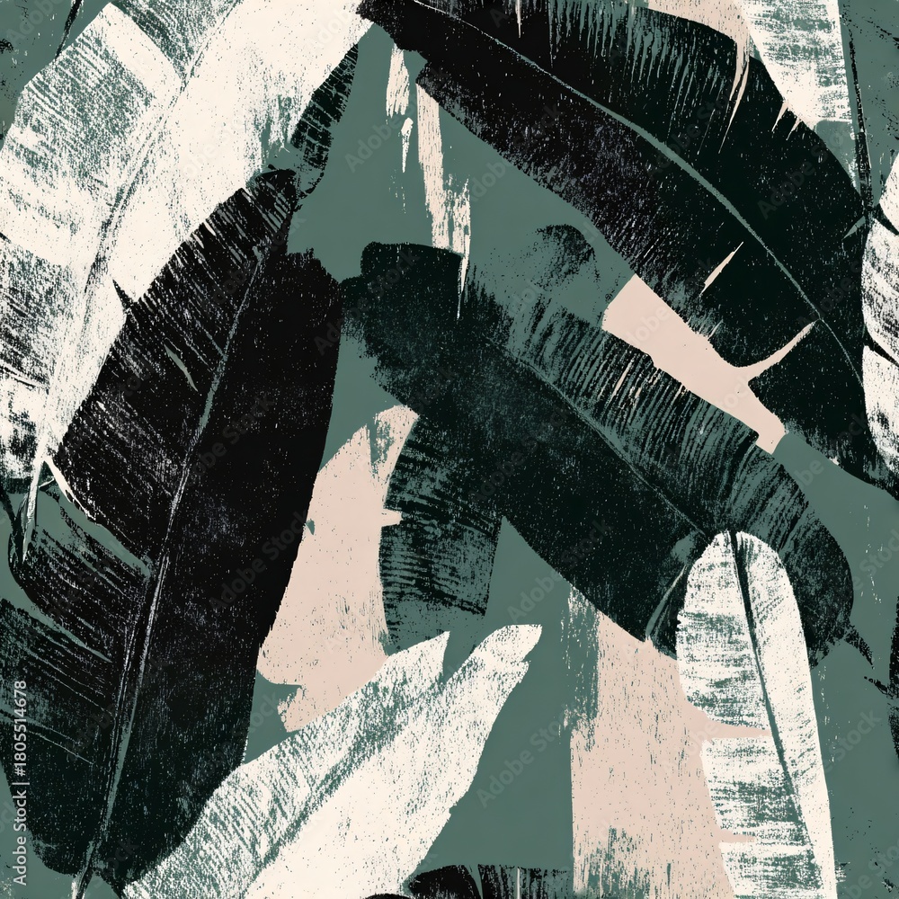 Fototapeta premium Seamless pattern with banana leave on a dark green background. Tropical botany elements for textile, wallpaper, and apparel. Leaf decoration for nature concept.