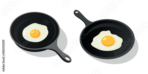 Flat Cartoon Fried Egg in Pan, Vector Illustration. Two Cast Iron Frying Pans with Fried Egg. Breakfast Meal in Skillet. Top View Cooking Pan with Fried Egg