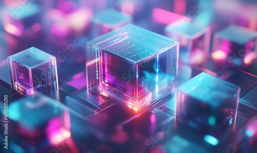 Abstract transparent cubes array with neon lights technological concept