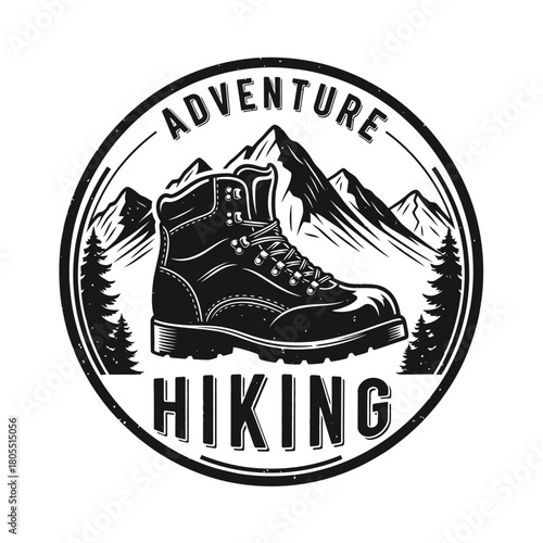 Vintage monochrome hiking adventure emblem with a boot.