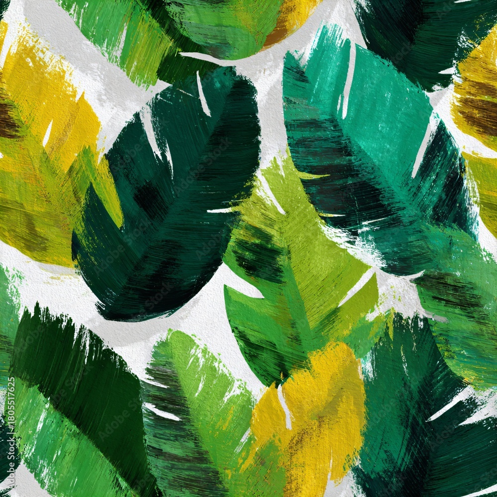 Naklejka premium Green and yellow brushstroke leaves seamless pattern, painted tropical foliage for textile, wallpaper, and fabric printing abstract design.