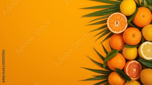 Vibrant arrangement of assorted citrus fruits placed over lush green palm leaves on a bright yellow surface, creating a refreshing tropical summer composition ideal for food, wellness, and exotic them