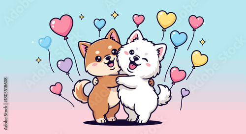 Two cute shiba inu puppies hugging each other with heart shaped balloons