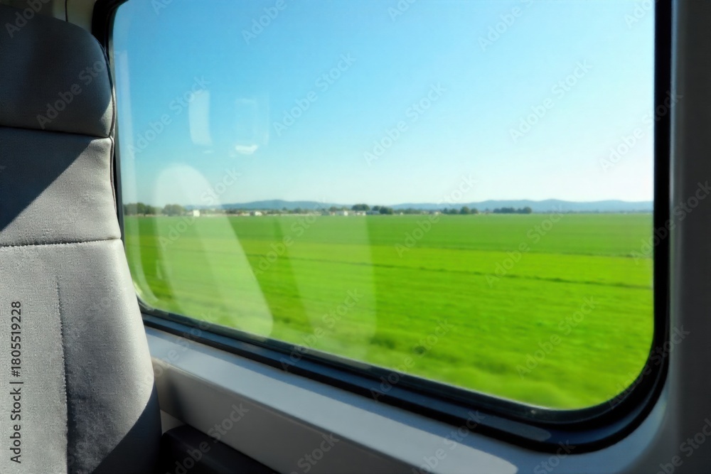 Obraz premium Coach Window View Seat and Scenic Vista A close up view from an empty coach seat, focusing on a clean, large window. Through the window, a vibrant, slightly blurred scenic landscape of rolling green
