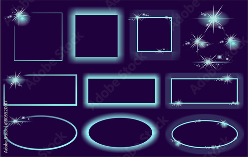 Set of blue glow frames for design, 9 frames, light set, frames with scattered stars, web design, web banner, social media, 3 square, 3rectangular, 3oval frames, geometric elements for designers,  EPS