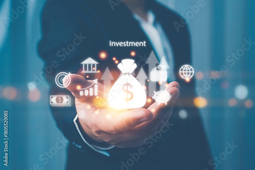 Businessman calculating income and ROI, illustrating finance, investment, fundraising, interest rates, dividends, and financial analysis for return on investment planning.
