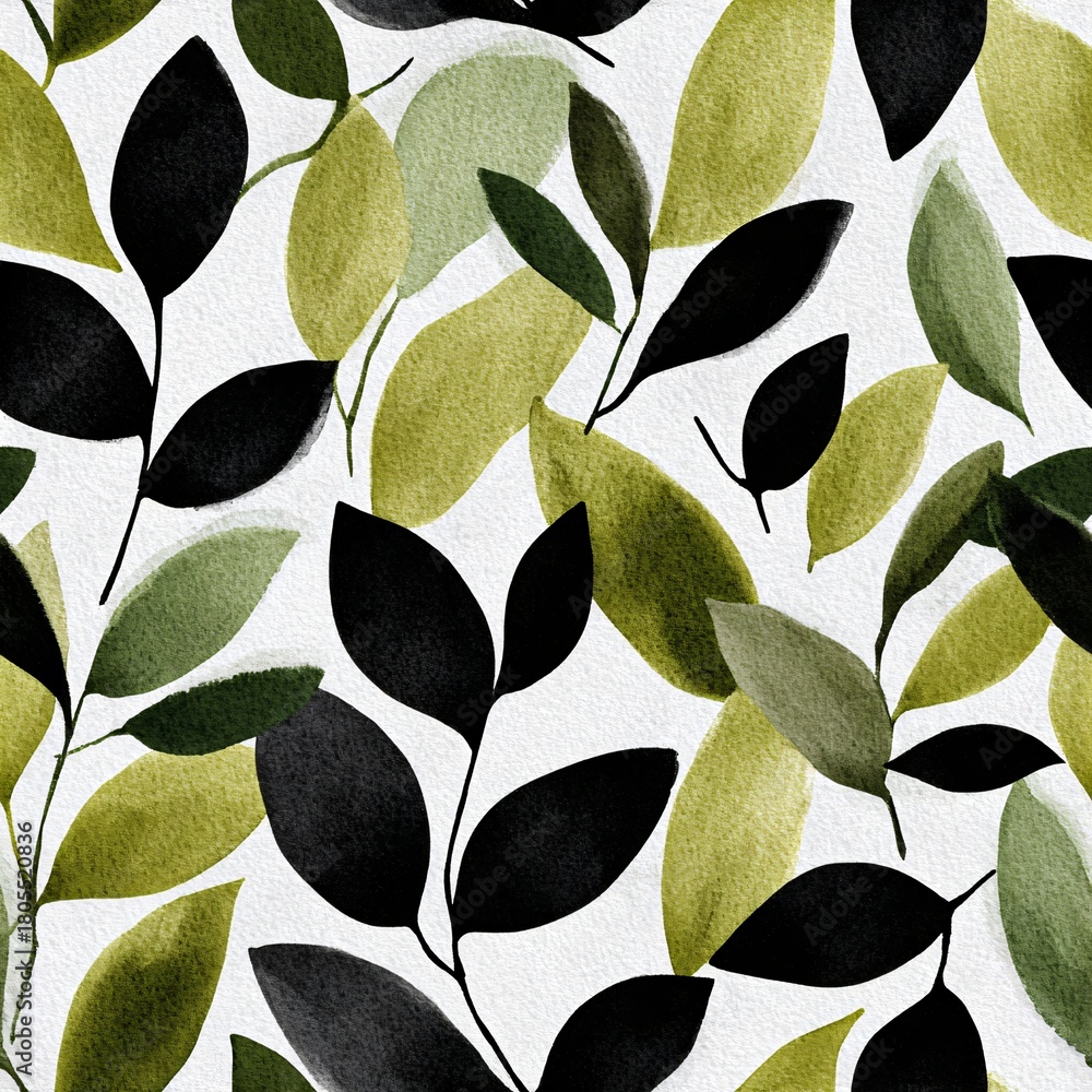 Obraz premium Botanical watercolor seamless pattern with abstract green and black leaf. Nature inspired design for wallpaper, fabric, textile, packaging, or spring and summer background.