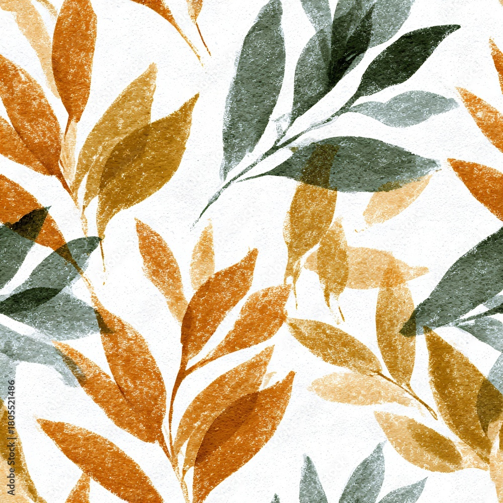 Obraz premium Botanical seamless pattern with green and orange leaves on a white background. Hand-drawn nature illustration for textile, wallpaper, and fabric design.