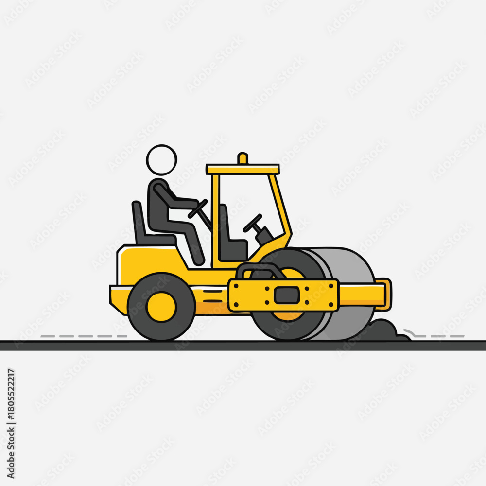 Fototapeta premium A cheerful, minimalist illustration depicts a stick figure operating a yellow road roller, compacting fresh asphalt on a clean, white background for construction.