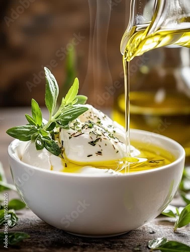 Bowl of fresh burrata cheese with a drizzle of olive oil and herbs