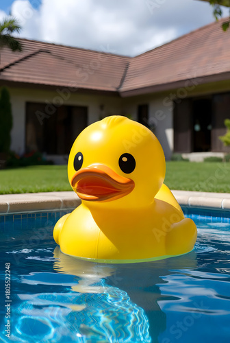 Large yellow rubber duck pool float in backyard swimming pool