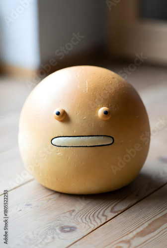 Round toy figure with simple face on wooden floor