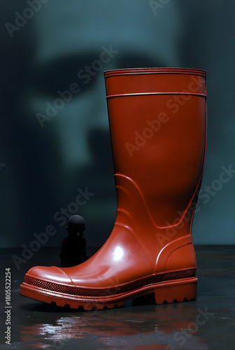 Glossy red rain boot with small dark figurine in dramatic lighting