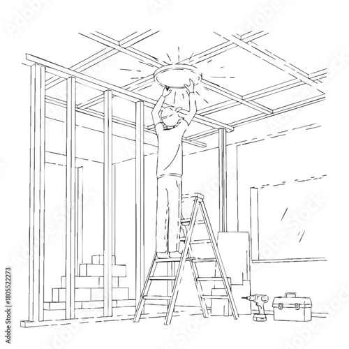 A hand-drawn illustration showcases a construction worker on a ladder installing a ceiling light fixture in a room under renovation, highlighting home improvement.