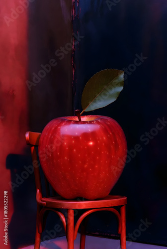 Giant red apple on wooden chair in dramatic lighting