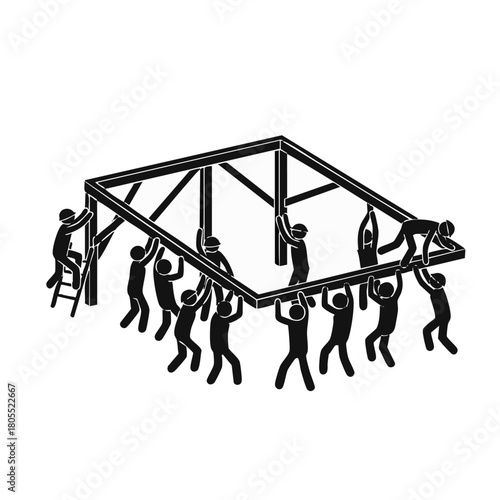 A group of people are working together to construct a frame, illustrating teamwork, collaboration, and the concept of building something together.