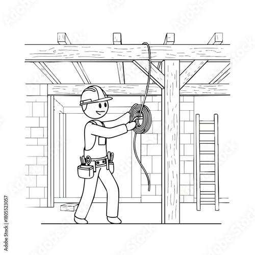 A smiling cartoon construction worker wearing a hard hat and tool belt diligently installs electrical wiring in a building under construction.