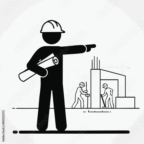 A construction foreman holding blueprints points toward a building site where workers are actively engaged in the building process, depicted in an icon.