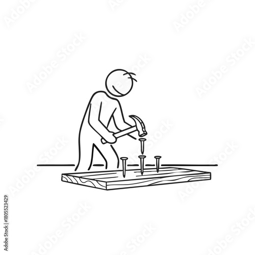 An iconic stick figure character is shown engaged in the process of hammering multiple nails into a sturdy wooden plank, symbolizing effort and craftsmanship.