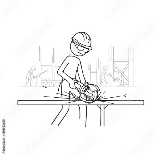 A stick figure construction worker, wearing protective gear, operates an angle grinder, producing sparks while cutting metal on a busy job site.