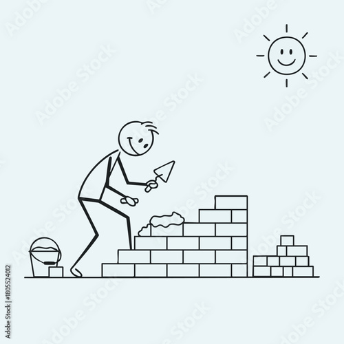 A cheerful stick figure diligently lays bricks to construct a wall under a smiling sun, showcasing a simple yet effective illustration of labor and construction.