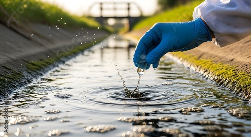 An environmental engineer in protective gear meticulously collects a water sample from a sewage treatment plant for quality testing and analysis