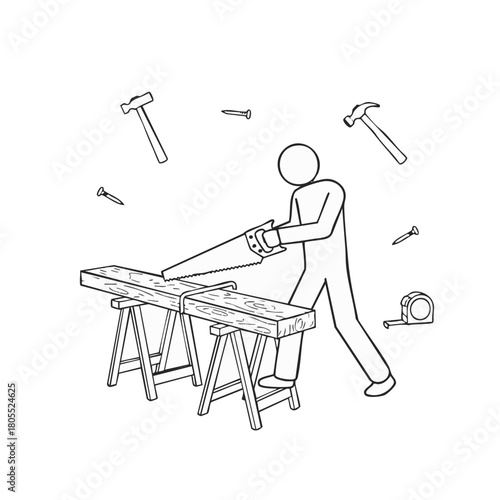 A simple line drawing shows a generic person sawing a wooden beam on sawhorses, surrounded by tools, representing carpentry and construction activities.