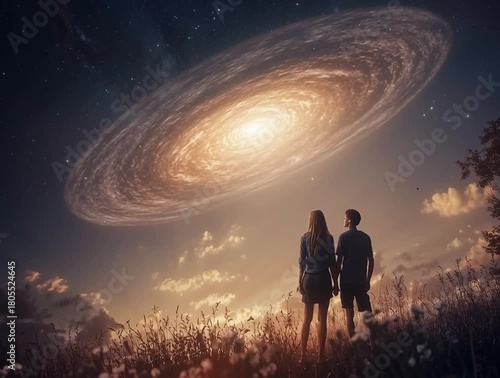 Couple standing in awe looking at a galaxy hovering close above them