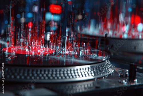 Close Up Of Two Turntables With Red And Blue Light Streaks Showing