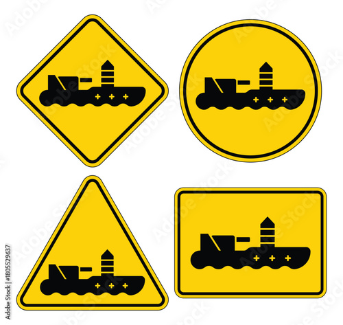 Collection of Warning Signs Featuring Tugboat and Navigational Beacon Icons