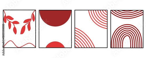 Black and red circular wallpaper set. Contemporary abstract art illustration. Bohemian concept for walls and interiors.