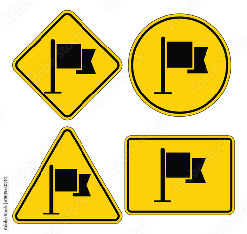 Set of Yellow Warning Signs Featuring a Flag Icon on Various Backgrounds