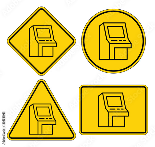 Warning Signs Featuring ATM Machine Outline in Various Shapes and Colors