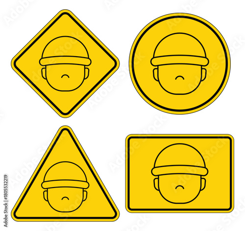 Safety Signs with Construction Worker Icons in Yellow Backgrounds